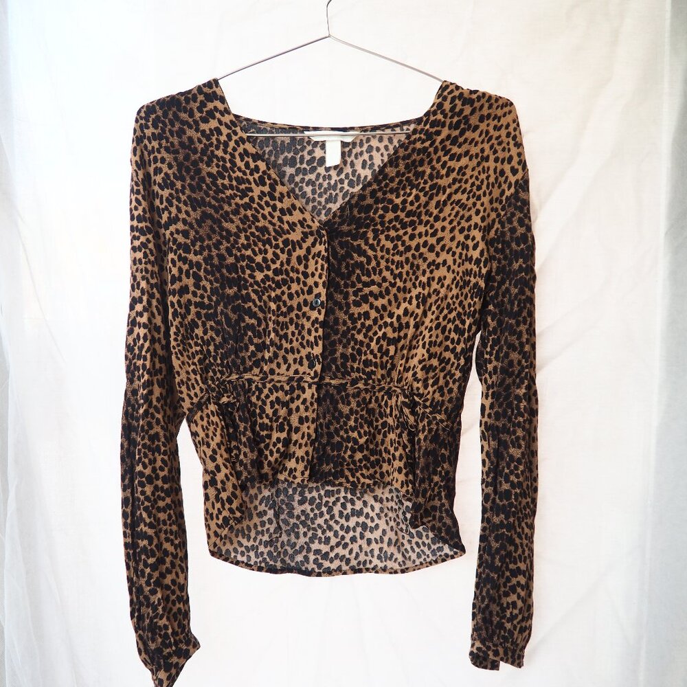 H&M Animal Print Long Sleeve Blouse with Drawstring Waist